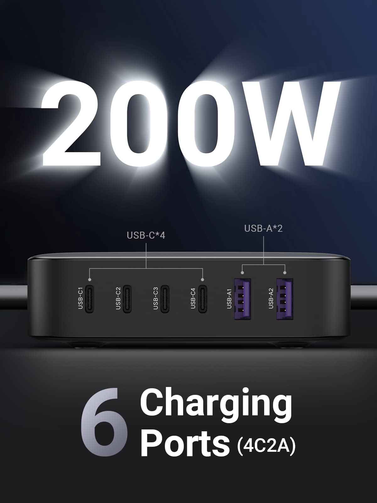 200W 6-Port GaN USB C Desktop Charger | USBYON.COM
